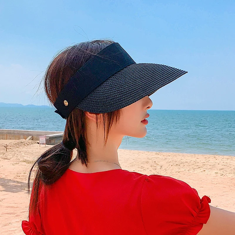 

Women Straw Sun Visor Hat Wide Brim Summer UV Protection Beach Cap Foldable Packale Korean Style Large Wide Brim Breathable Hat