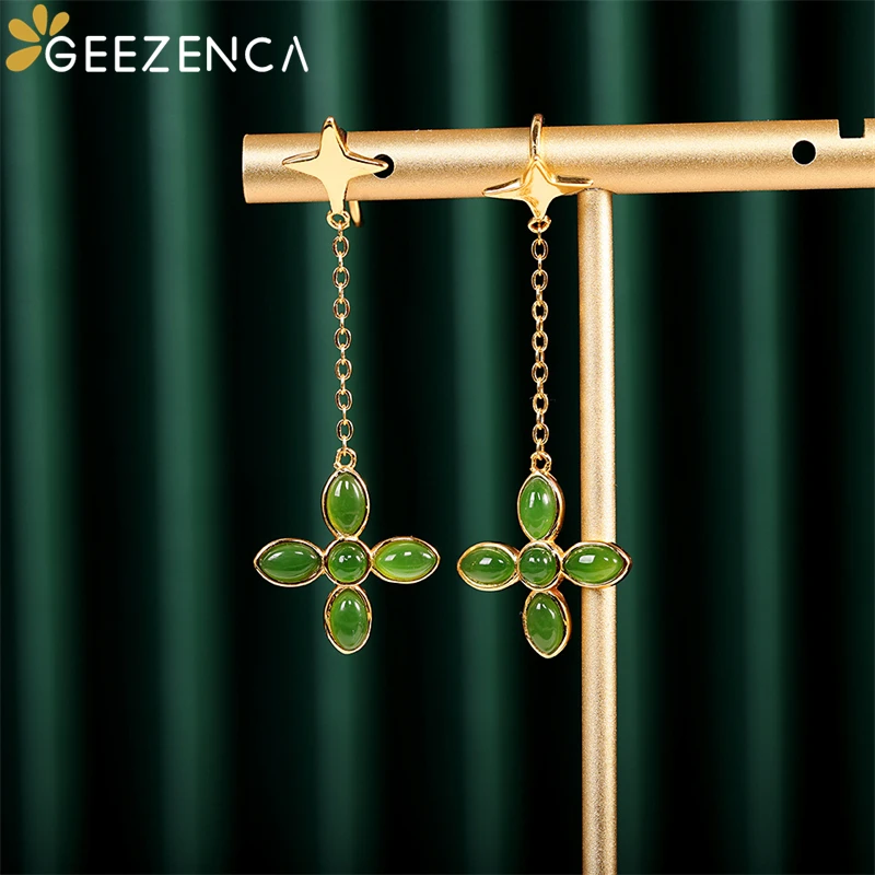 

GEEZENCA S925 Silver Gold Plated Star Jasper Drop Earrings For Women Green Jade Dangle Flower Tassel Trendy Earring Fine Jewelry