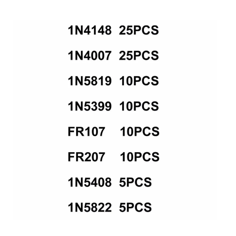 Набор диодов Schottky 1N4148/1N4007/1N5819/1N5399/1N5408/1N5822/FR107/FR207 8 видов = 100 шт. электронные