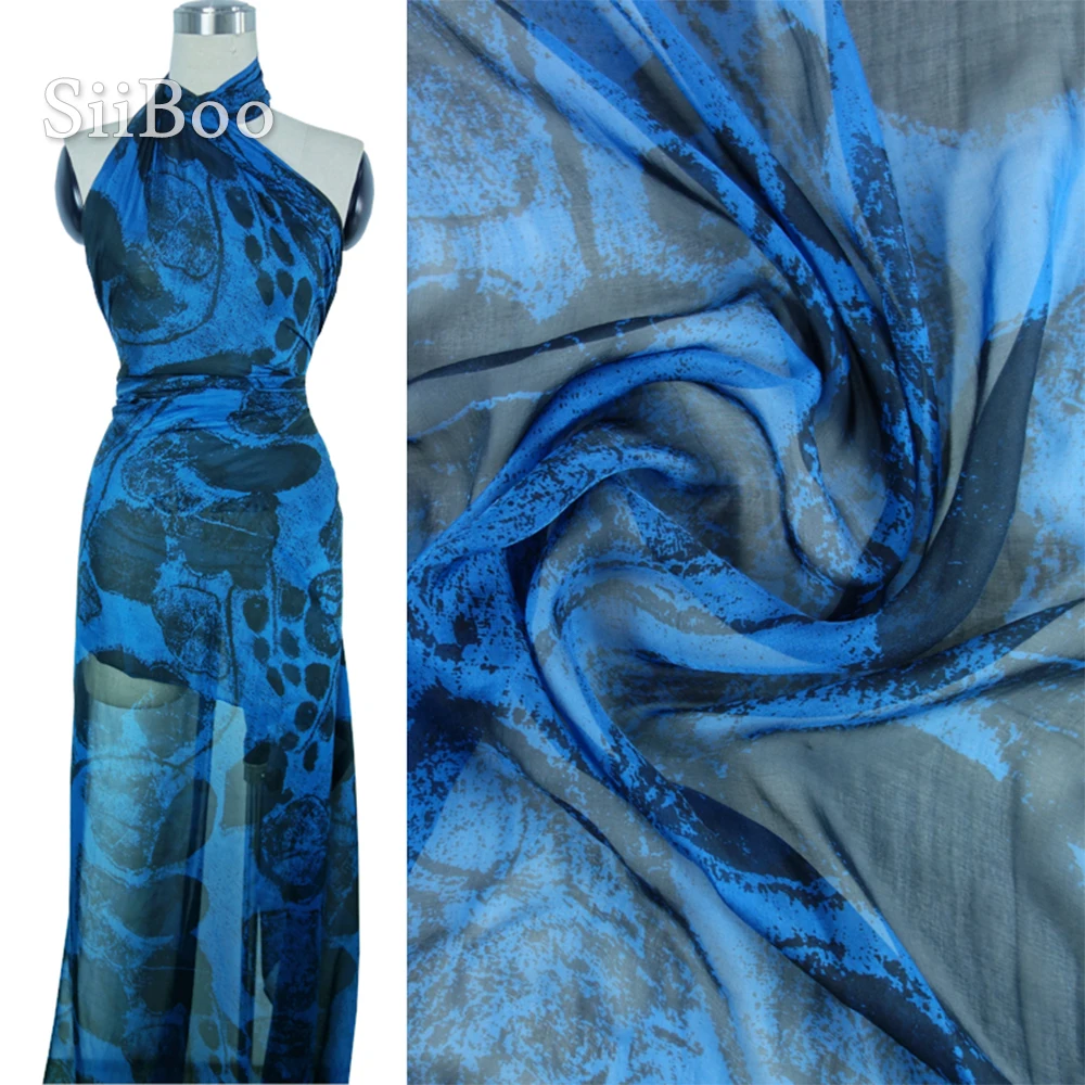 Французский цветочный принт синий дышащий 100% чистый шелк шифон ткань для женщин