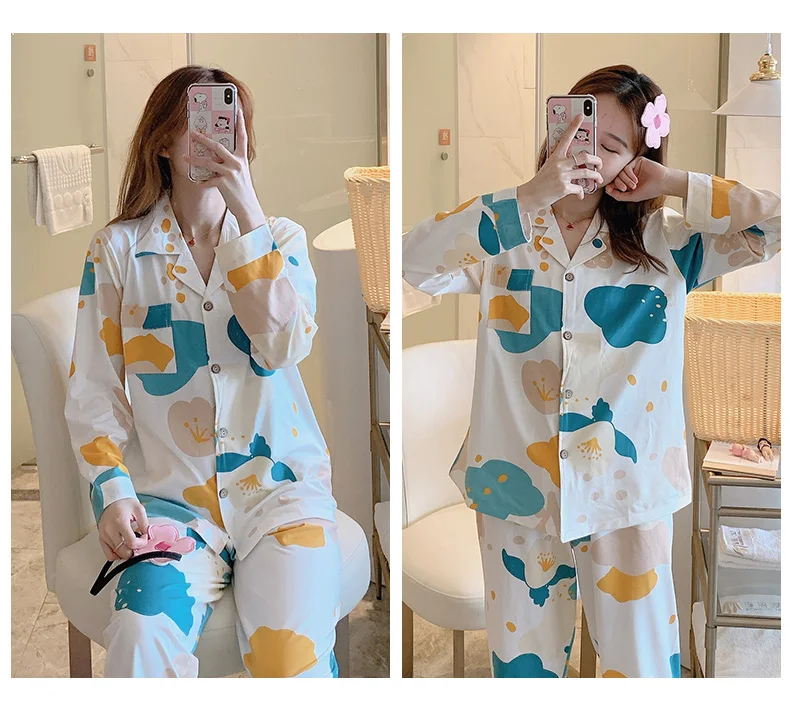 Пижамы для женщин с длинным рукавом в клетку в Корейском стиле розовый Kawaii пижамный комплект размера плюс женская домашняя одежда мягкая с отложным воротником