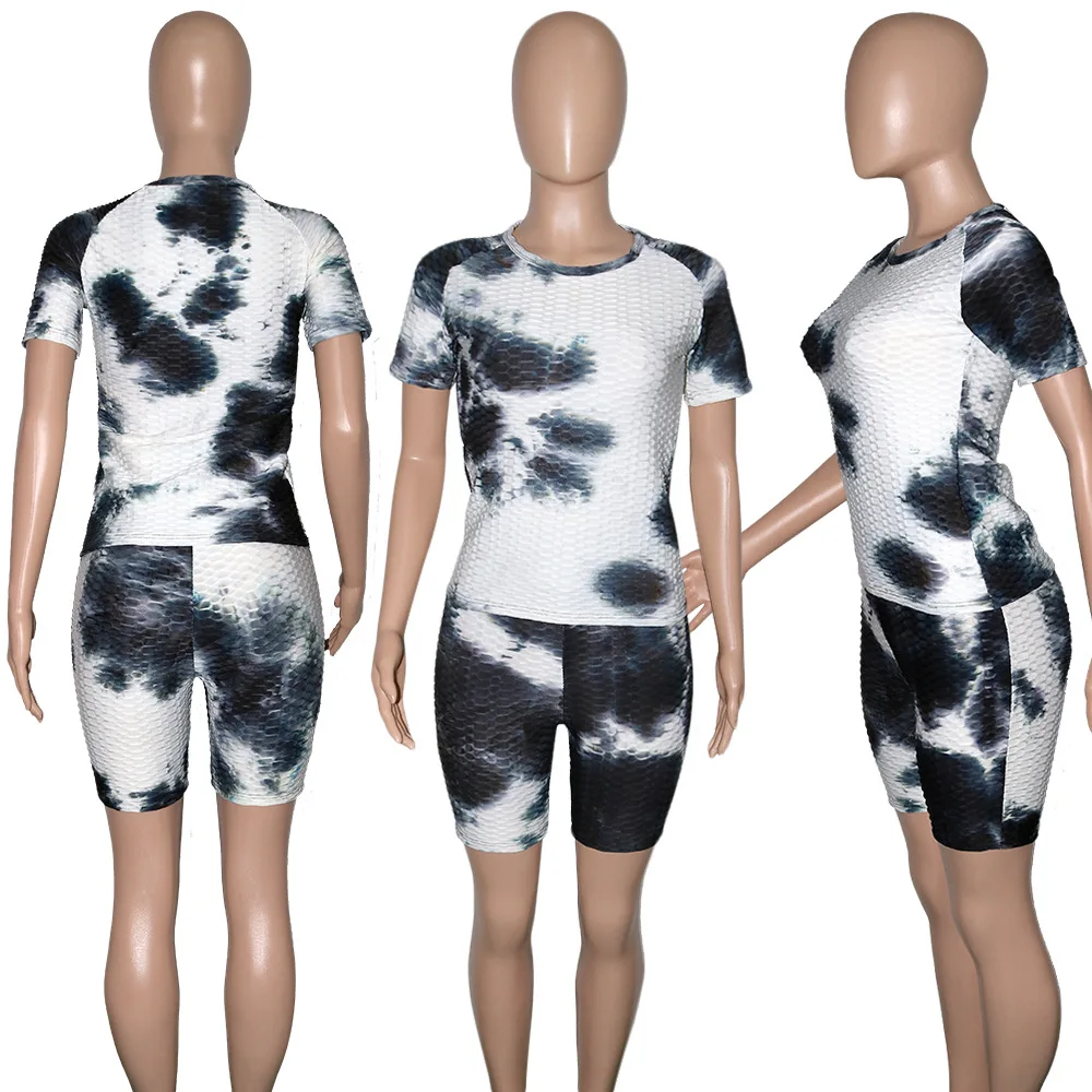 

Donsignet Fashion Women's Suit New Summer Casual Round Neck Pullover Ink Jacquard Tie-dye Short-sleeved Shorts Suit