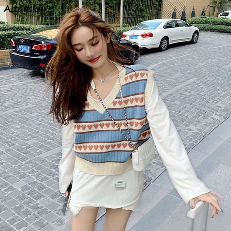 

Patchwork Hearts Sweater Vests Women Sweet Loose Spring Knitted Sleeveless Outerwear Ladies Panelled Korean Chic Daily Cozy Warm