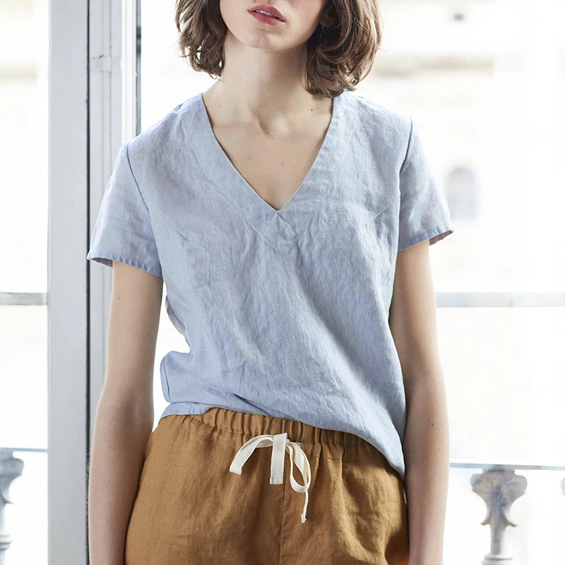 100% Linen V-Neck Short-Sleeved T-Shirt 2021 Summer New Womens Loose Casual Literary Tee Japanese Linen Tops