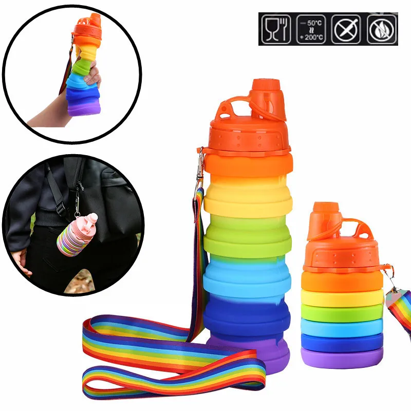 

500ml Portable Collapsible Water Bottle Silicone Retractable Folding Cup With Straw Outdoor Travel Water Tumbler