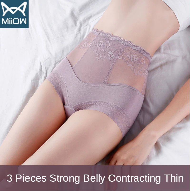 

MiiOW Women's High-waist Underwear, Belly Lace, Sexy Cotton, Antibacterial Bottom Crotch, Large Size, Body-sculpting Buttocks