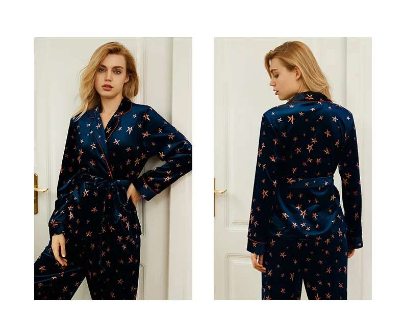 

New Two-piece Gold Velvet Star Pattern Pajamas Suit Women's Autumn And Winter New Long-sleeved Long Cardigan Home