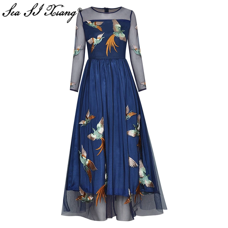 Seasixiang Fashion Designer Early Autumn Mesh Dress Women O-Neck Long Sleeve Embroidery Elegant Party Long Dresses