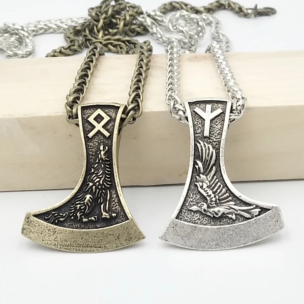 Славянский топор ожерелье с кулоном двойным сторонним рун Викинг один Ворон волк