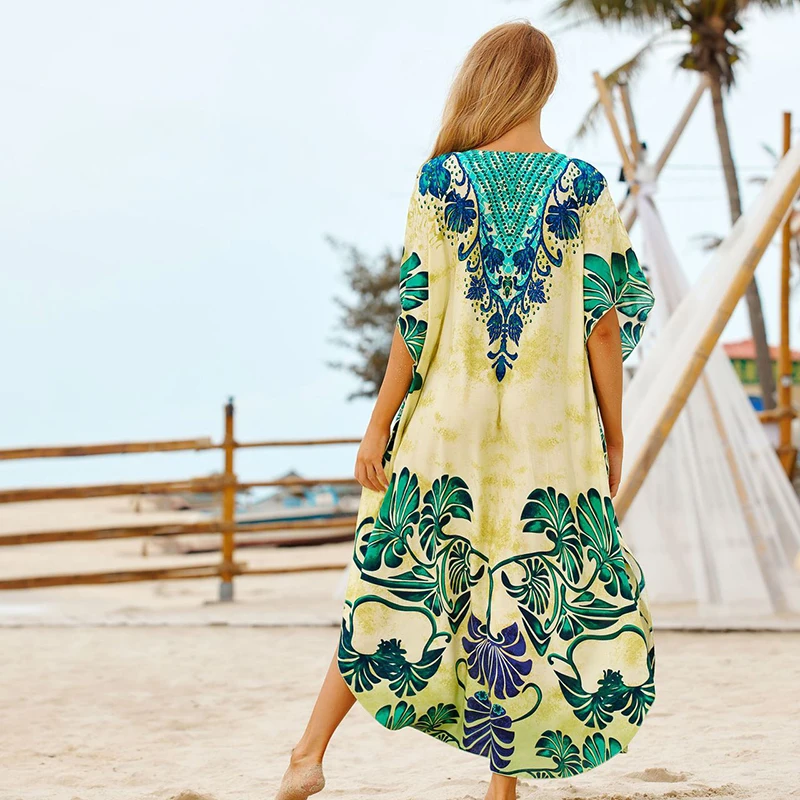Пляжное платье-макси с принтом хлопковое длинное платье в стиле бохо пляжная