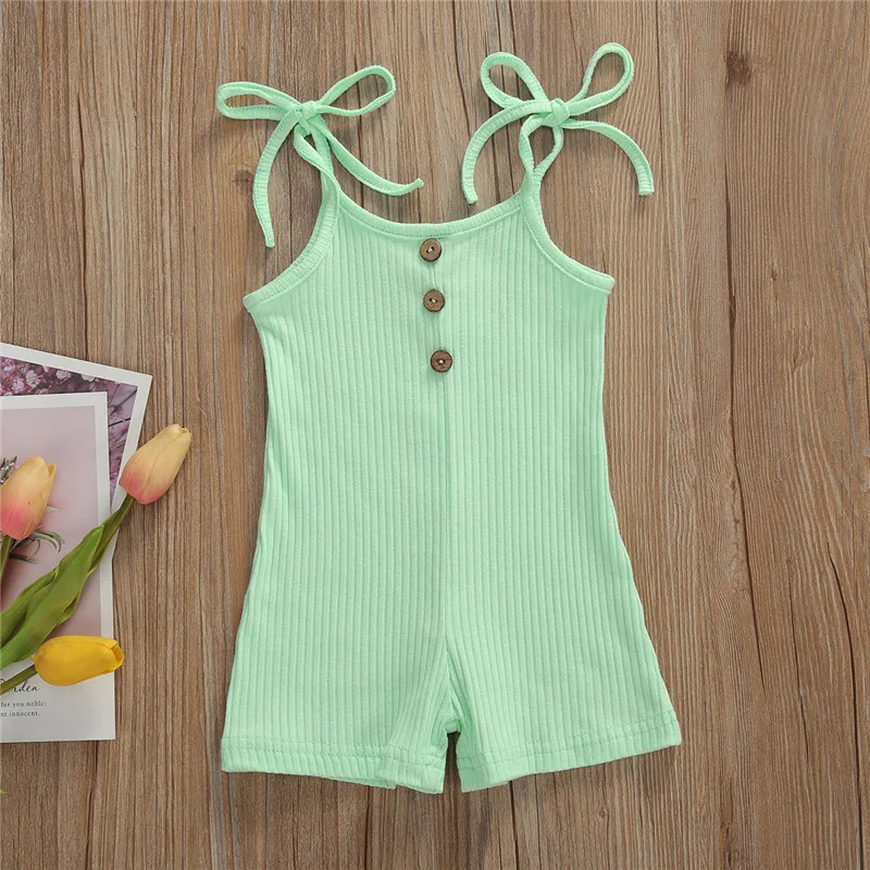 

Summer Cute Baby Girls clothes Button solid Romper strap cotton sleeveless Jumpsuit one pieces 0-18M