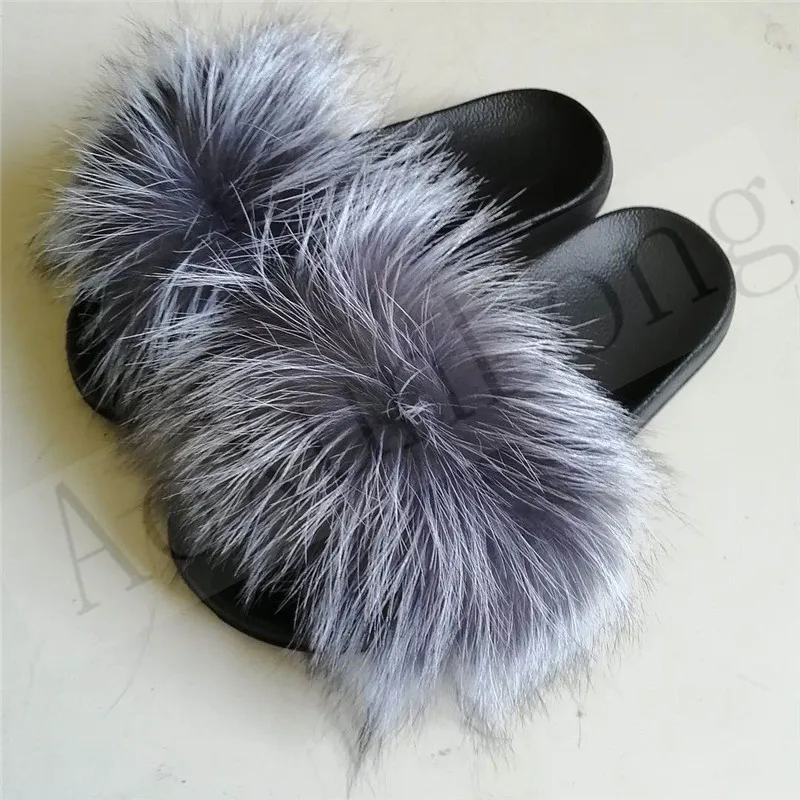Шлепанцы женские из лисьего меха пляжные пушистые сандалии сланцы домашняя