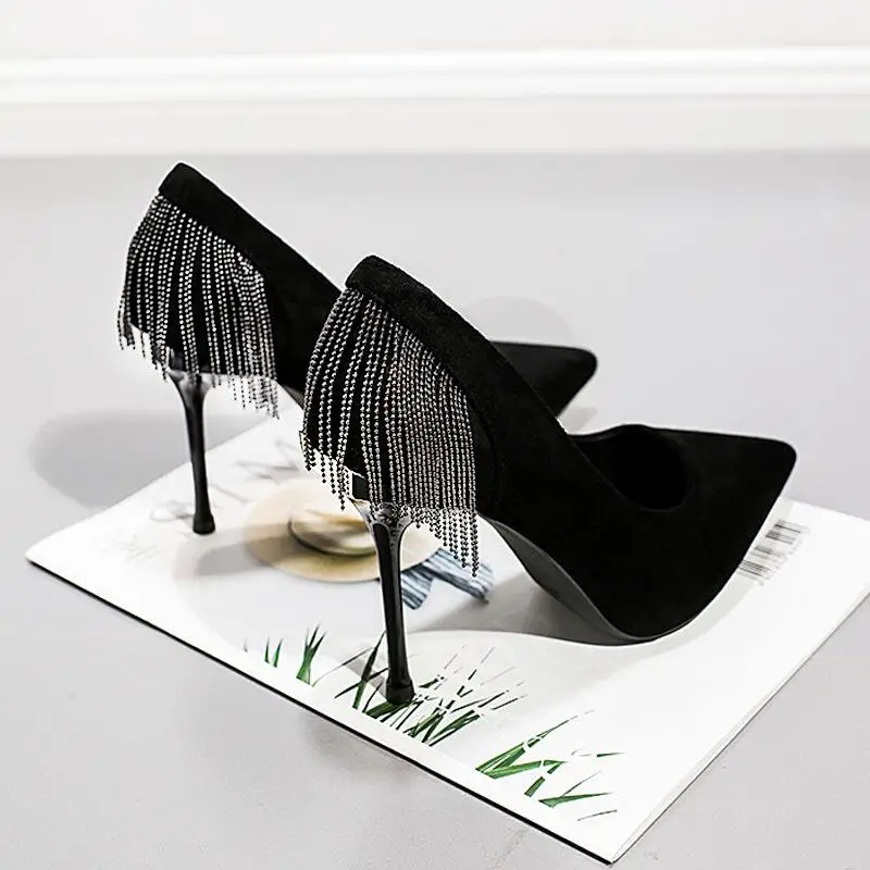 

Fashion Single Shoe Woman,High Heels Sexy Chains Tassels, Women Pumps, Pointed toes ,Slip-On ,Female Black OFFICE Shoes,BLACK