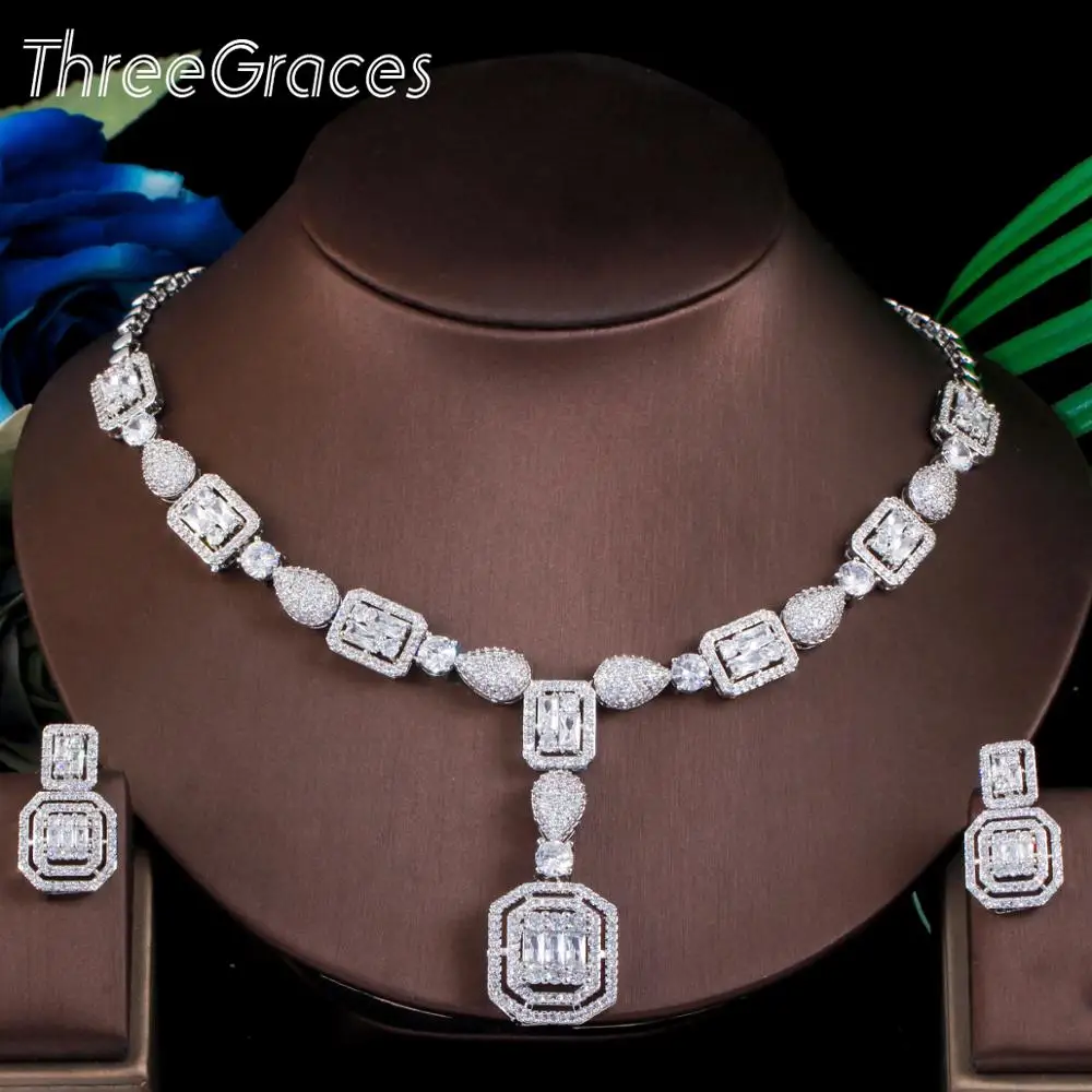 

ThreeGraces Elegant Bridal Wedding Square Necklace Earrings Sets White CZ Crystal Silver Color Indian Women Party Jewelry TZ563