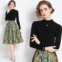 vintage womens knitted sets stand collar long sleeve sweater jacquard a line pleated skirt two piece sets suit outfit s77075