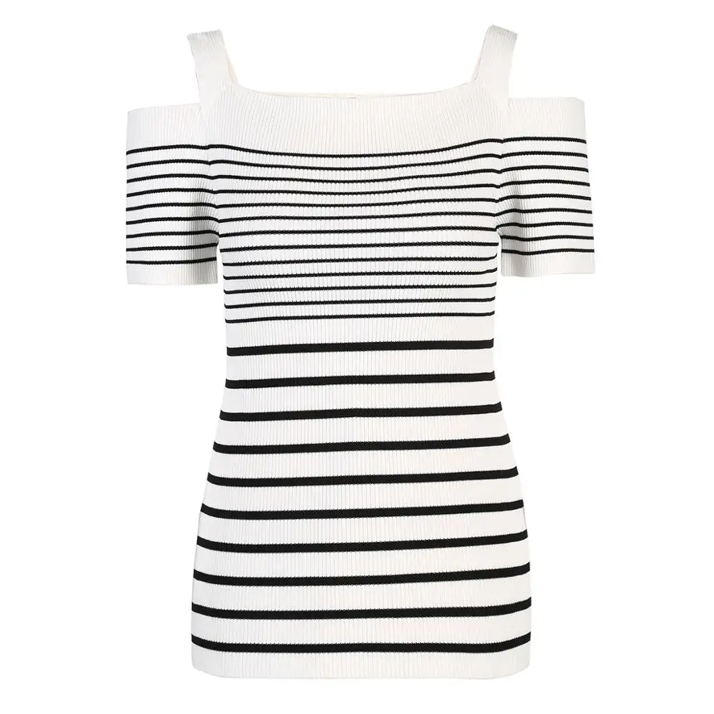 Женские вязаные топы в полоску с вырезом лодочкой и бретельками | 419224506 Женская