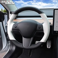 shining wheat black white genuine leather hand stitched car steering wheel cover for tesla model 3