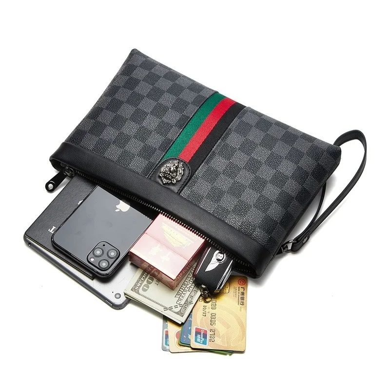

Fashionable Leather Men's Hand Bag High Quality Hand Bag PU Leather Bag Classic Plaid Large Capacity Envelope Bag