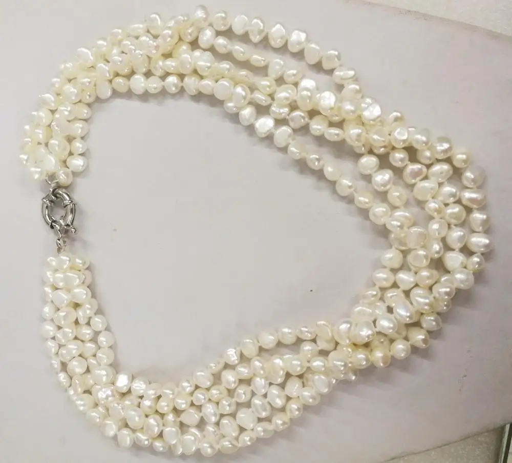 

9mm 5 strands bright white baroque flat real pearl necklace natural freshwater pearl Woman Jewelry 43cm 17'' 14'' 35cm