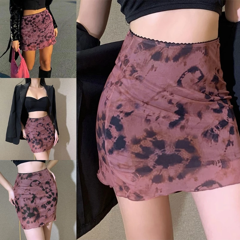 

Women Goth Punk High Waist Gradient Double Layer Mesh Ruffles Slim Mini Skirt