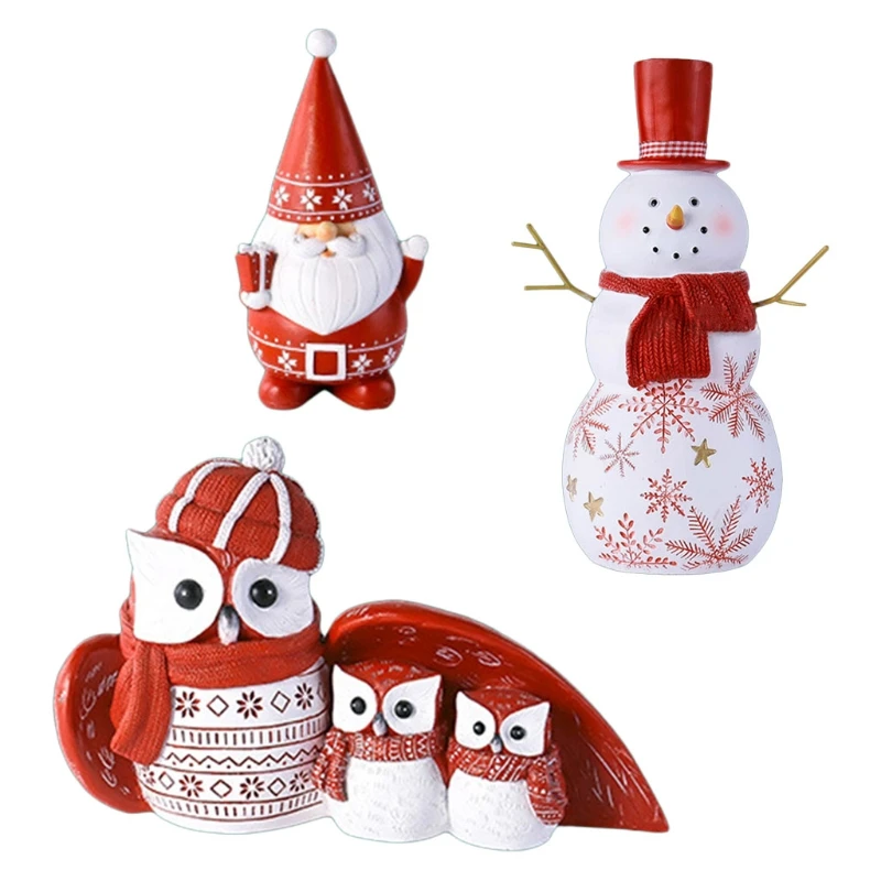 

Creative Christmas Cartoon Statues Resin Ornament Owl Family Santa Claus Snowman Collectible Figurines Xmas Table Decor