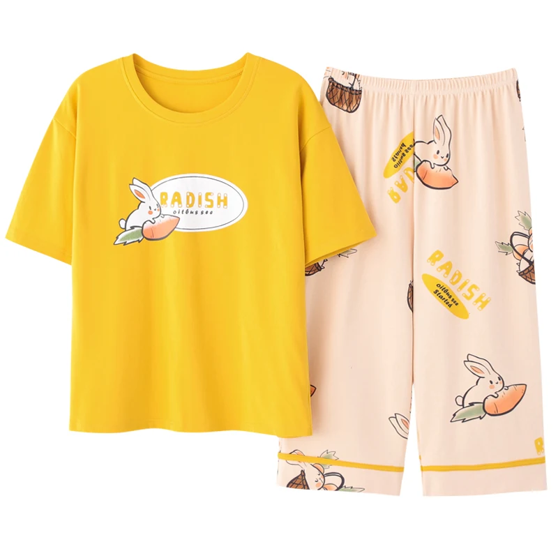 

Short Sleeve Summer Sleepwear Women Nightwear Casual Outdoor Plus Size M-3XL Homewear Cartoon Carrot Rabbit Kawaii Pajamas Set