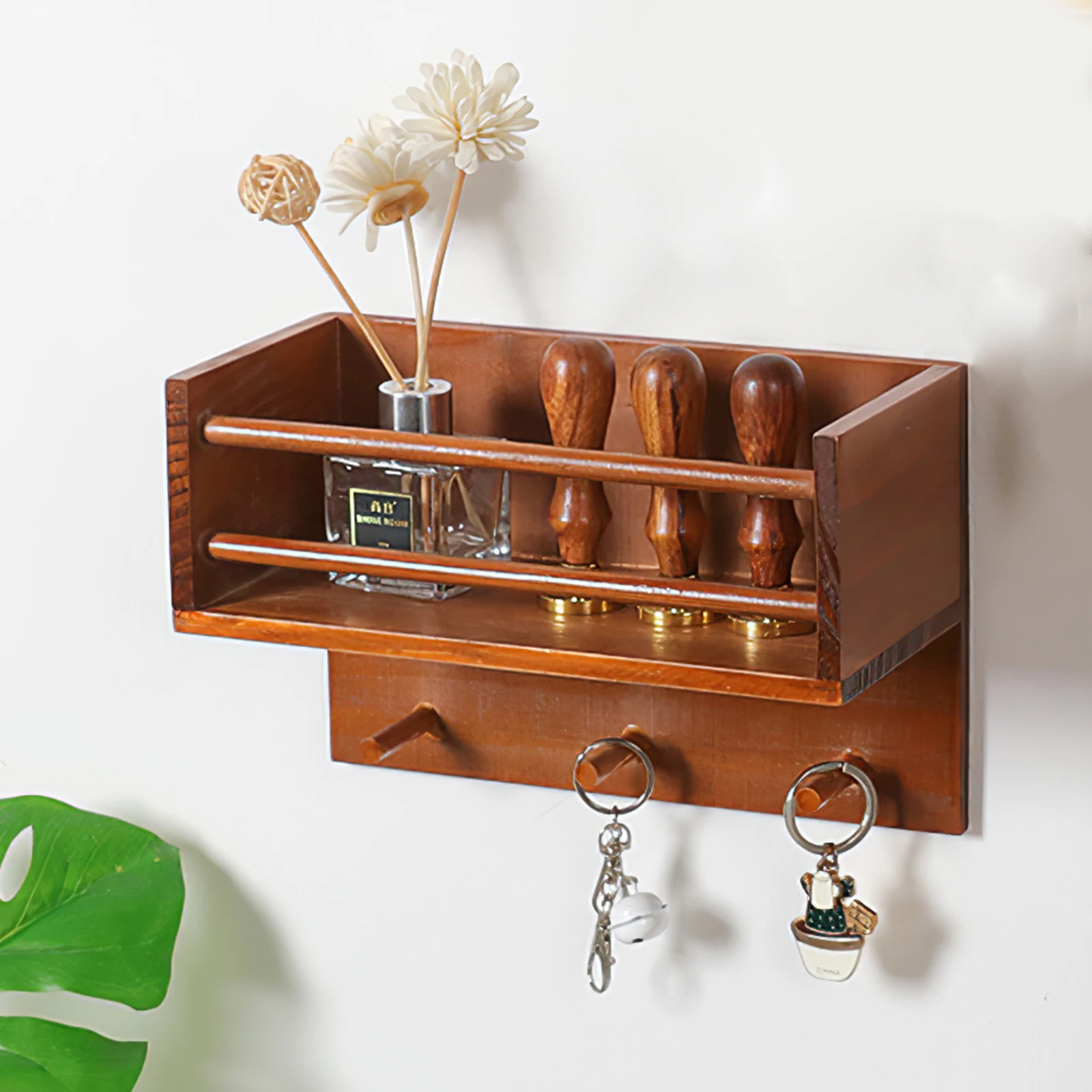 

Wooden Hanging Storage Rack Wall With Hooks Multifunction Storage Holder Wall Shelf Rack For Kitchen Bedroom Decoration
