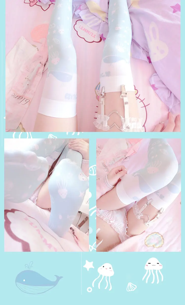 Lolita Stocking The songs of the Deep Sea Summer Cool Refreshing jellyfish Print knee high socks Japanese Anime Cosplay | Тематическая