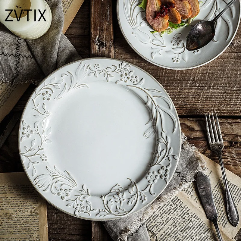 

Ancient European Handmade Ceramic Meat Plate Kitchen Tableware After Dinner Porcelain Creative Simple Salad Plate White Plates