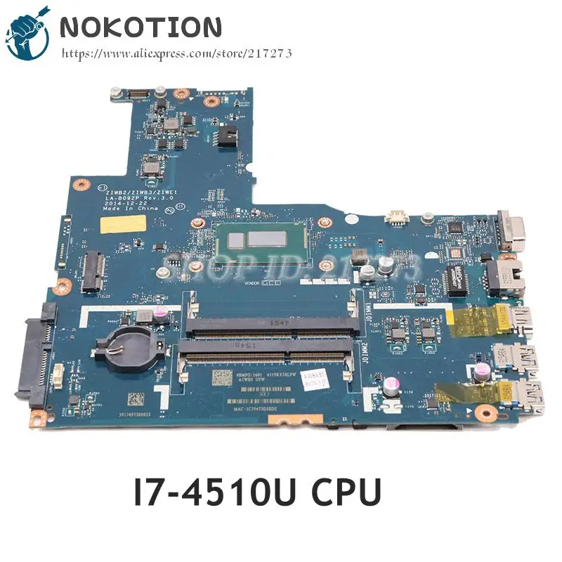 NOKOTION для Lenovo IdeaPad B50-70 материнская плата ноутбука 5B20G46113 ZIWB2 ZIWB3 ZIWE1 LA-B092P DDR3L SR1EB I7-4510U