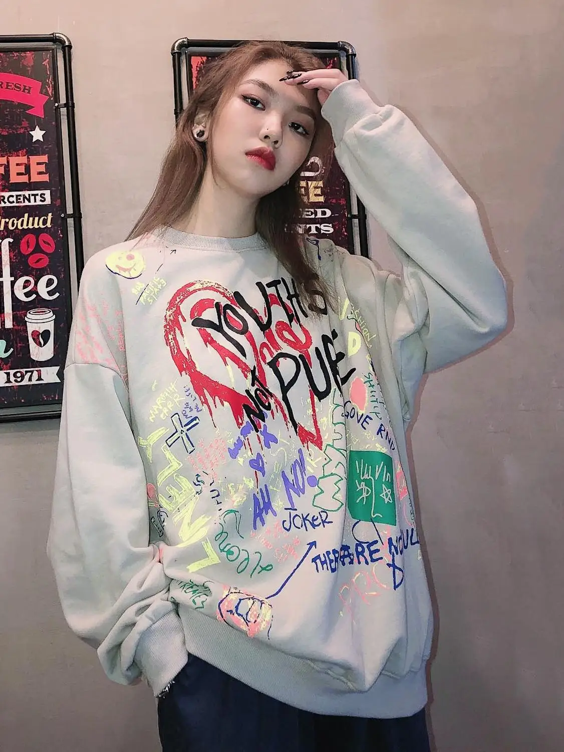 Homemade/2019 New Hip-hop Street Graffiti Printed Loose Bf Long Sleeve Sanitary Clothes for Men and Women hoodies sweatshirts