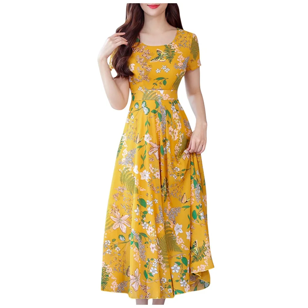

2021 Women Платье Женское Fashion Summer Grace Mid-calf Short Sleeve Beach Printing Dress Small Fresh Round Neck Print Dress