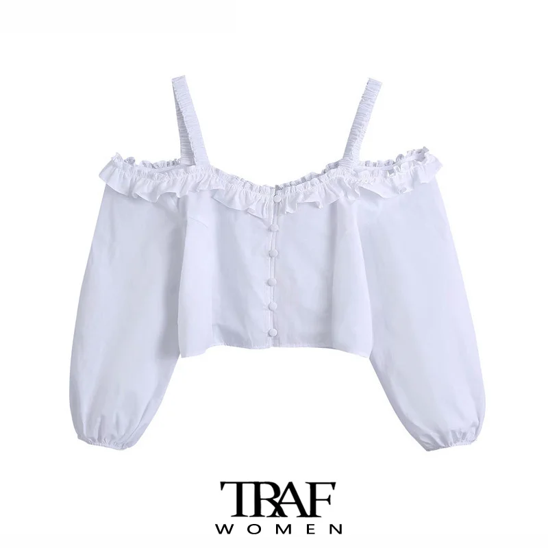 

Женские милые модные рубашки TRAF Za с пуговицами, оборками, белого цвета, Женская винтажная рубашка с эластичным поясом, шикарные топы