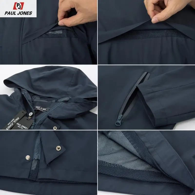PAUL JONES Men Classic Outdoor Hooded Rain Jacket Coat Long Sleeve Water Repellent Raincoat Zip-Up Waterproof Trench | Мужская одежда