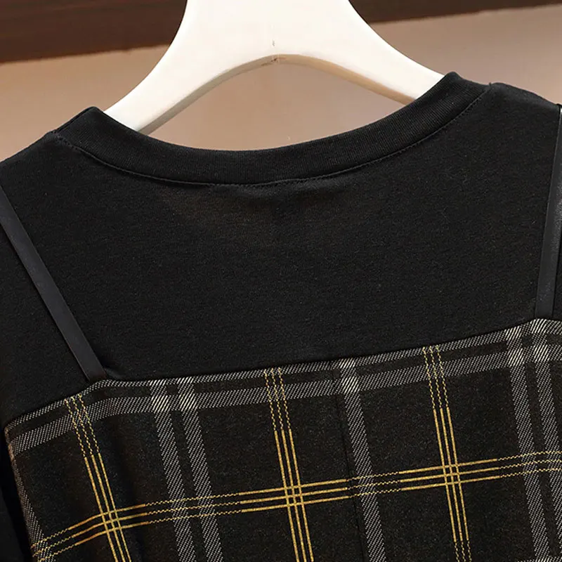 Женское платье с завышенной талией двойка в клетку фальш вставкой и поясом стиле