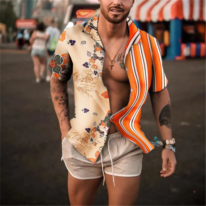 

Men's Fashion Hawaiian Shirt Short Sleeve Streetwear Print Striped Patchwork casual Chic Shirts 2021 summer Beach Camisas