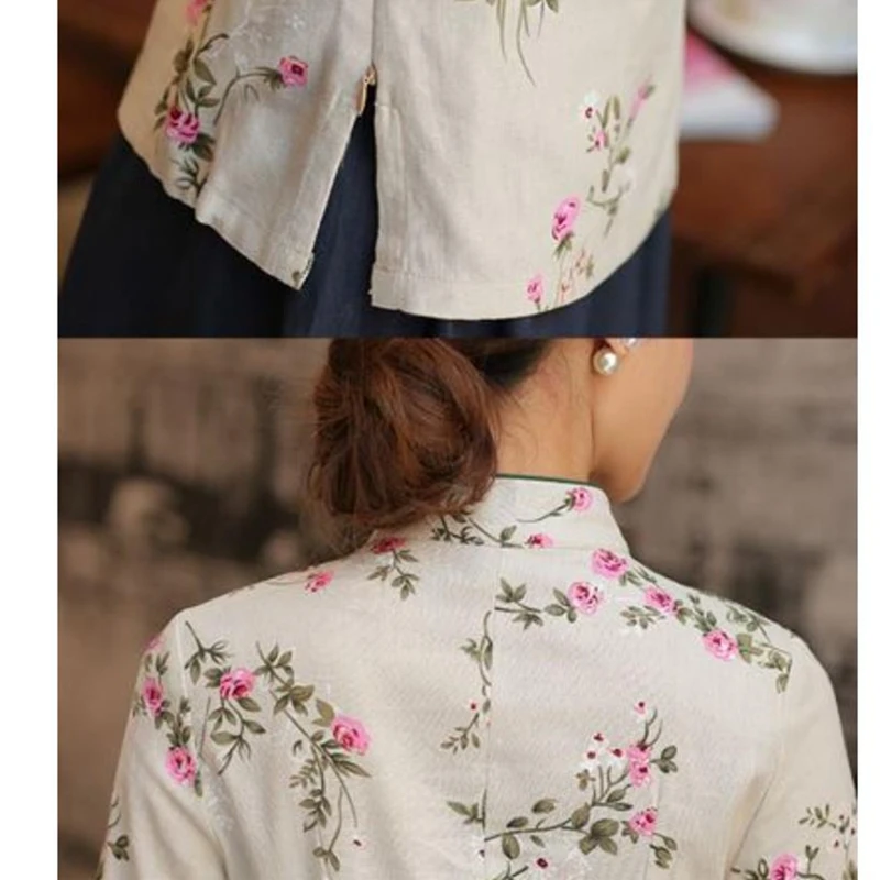 

Hanfu women's shirt handmade word buckle stand collar shirt improved cheongsam printing wild fashion shirt Chinese Tang suit top