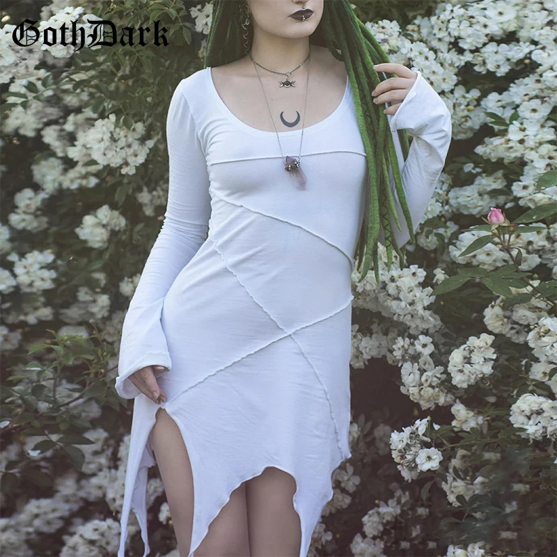 

Goth Dark Fairygrunge White Casual Women Dresses Gothic Patchwork Irregular Hem Mini Dress O-neck Long Sleeve Autumn Streetwear