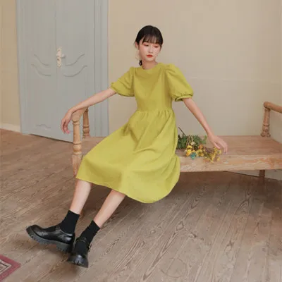 

Summer Vintage Puff Sleeve White Womens Casual Wear Brief Elegante Dames Women's Long Evening Dresses Knee-length