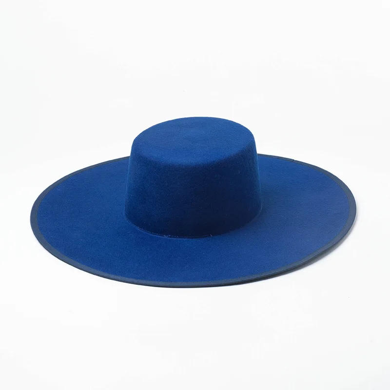 Neue Blau Echt Wolle Flache Fedora Hut Männer Wome einfarbig Große Breite Krempe Fühlte Hut Derby Party Kirche Hut einstellbare Panama Jazz Hut – Detail 7