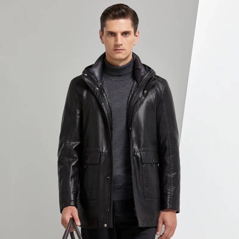 

Hooded Down Leather Jacket Men 2020 New Fashion Men's Jacket Winter Long Fur Jackets Coat for Men Detachable, Big Size M-4XL