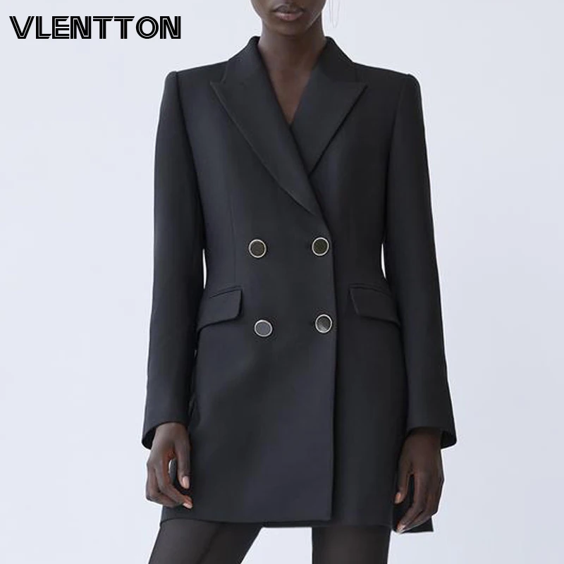 Женский офисный пиджак на пуговицах длинный черного цвета в винтажном стиле