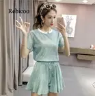 Милый Летний комплект из двух предметов, модная женская зеленая свободная футболка с коротким рукавом + плиссированные широкие шорты