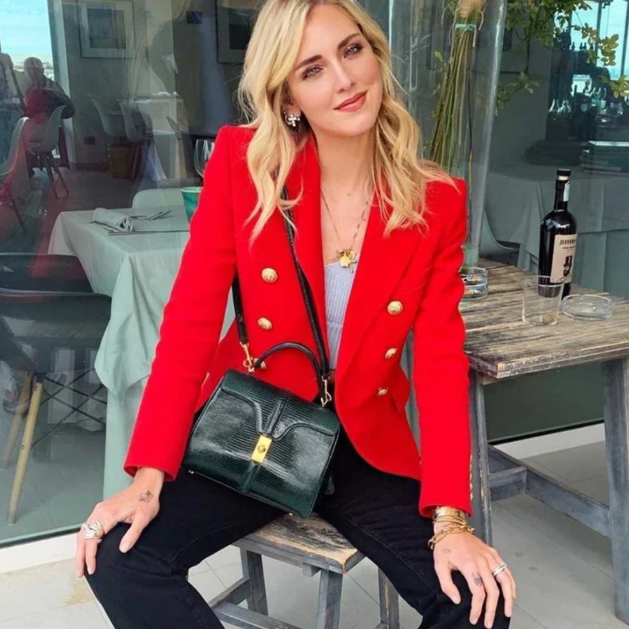 

Real Red Blazer Women Office Slim Formal Jacket Coat Casual Double Breasted Metal Buttons Blazer Workwear Tops High Quality
