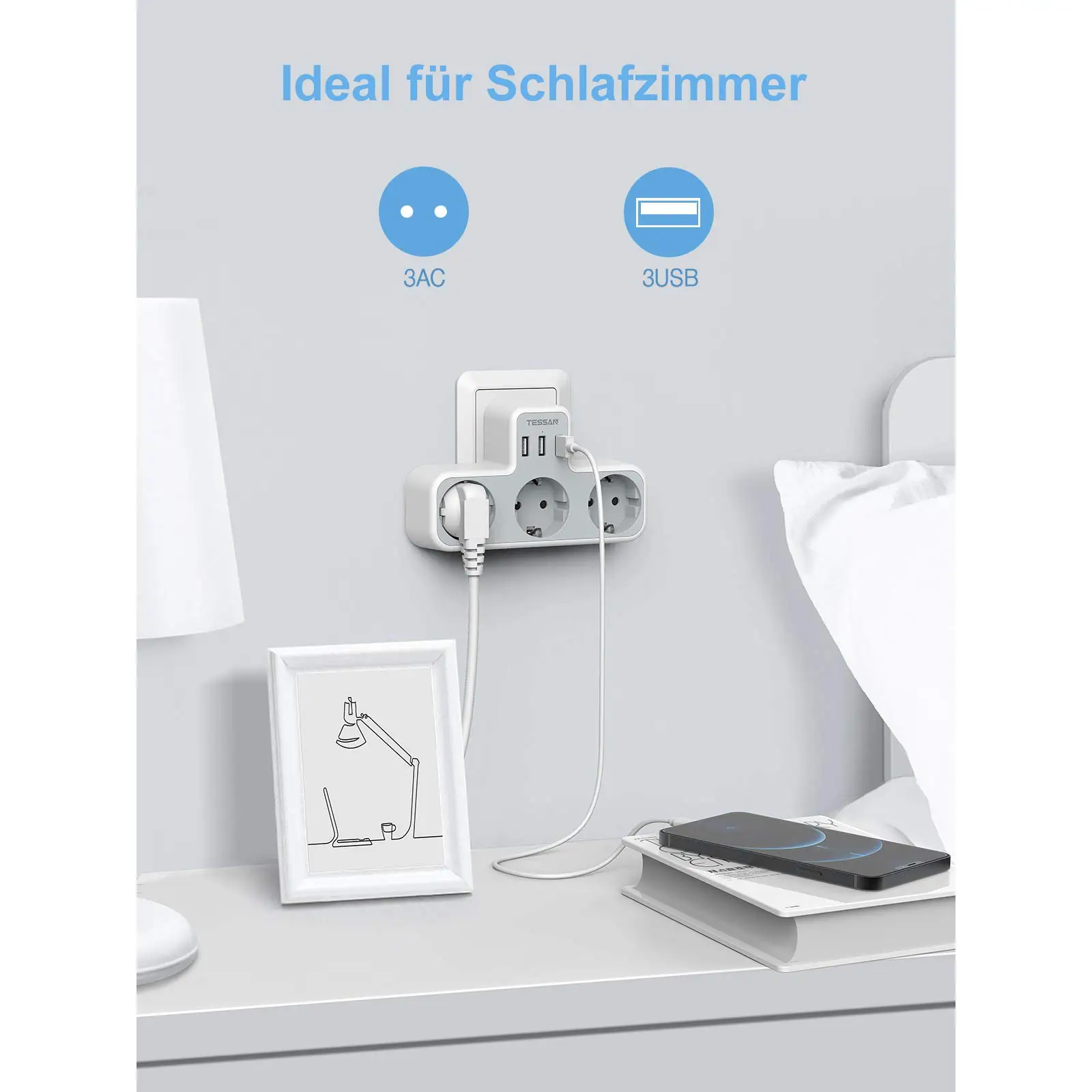 Удлинитель настенной розетки TESSAN с 3 розетками переменного тока и портами USB 5 В 2 4