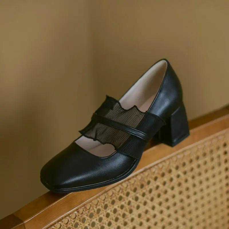 

new Women Pumps MaryJanes shoes Thick High Heels Chunky Square toe Bud silk solid Casual Party elegant fashion Big Size 33-43 37