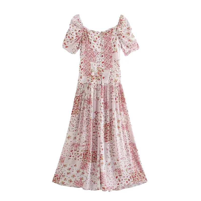 

Sister Fara Patchwork Floral Print Summer Women's Dress 2021 New Puff Sleeve Back Zipper Split Midi Dress Casual Women's Dresses