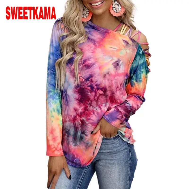 

Tie-dye printed long-sleeved off-the-shoulder sexy casual loose T-shirt women graphic women fashion clothing