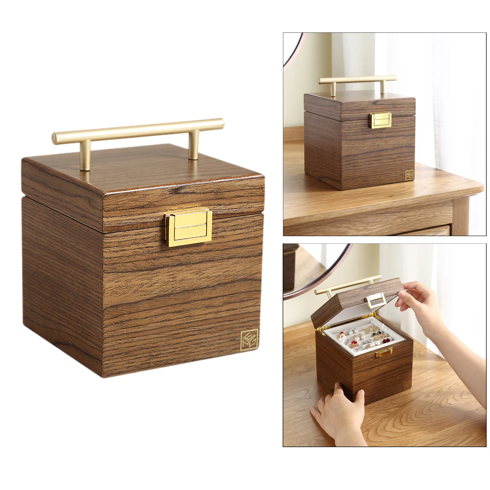 

Wooden Jewelry Box Watches Earrings Bracelets Rings Necklaces Case Holder Organizer 14x14x14cm