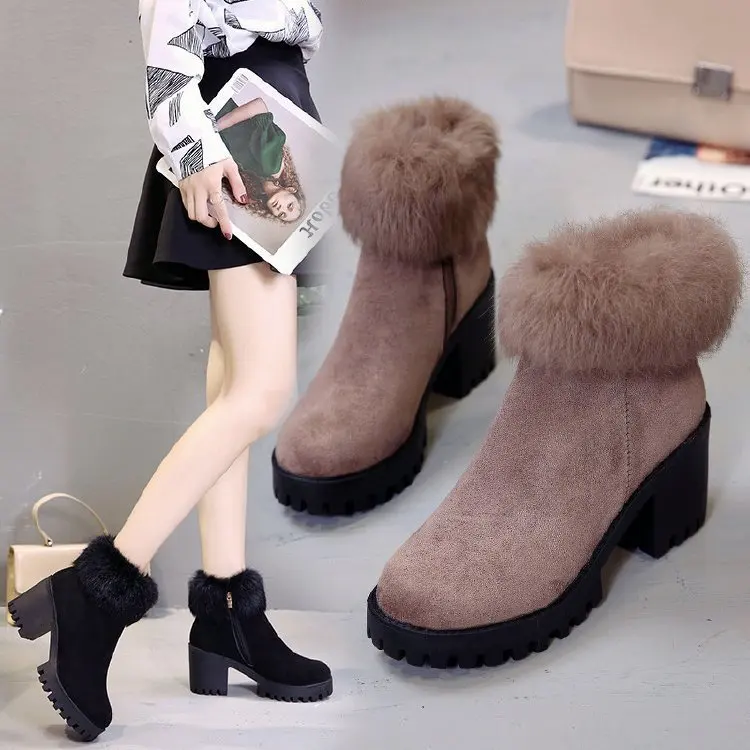 

Winter New Thick Heel Cotton Boots Women's Fur Edges Plus Cotton Warm Snow Boots Round Toe High Heel Women Short Boots W22-52